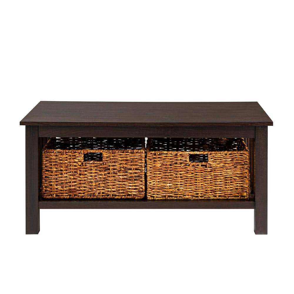 Espresso Elegance 40" Rectangular Coffee Table with Wicker Storage Baskets