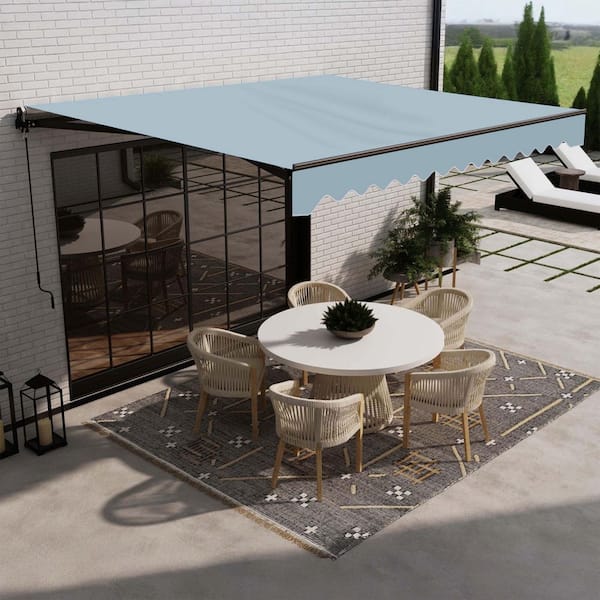 13 ft. Caribbean Polyester Retractable Patio Awning 10 ft. Projection in Sky Blue Black Frame
