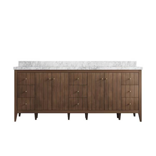 Willow Collections Atlanta Teak 84 in. W x 22 in. D x 36 in. H Double Sink Bath Vanity in Dark Natural with 2 in. Carrara Marble Top
