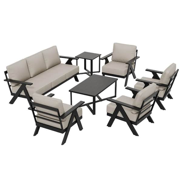 Modern 7-Piece Patio Set: 4 Lounge Chairs Three-Seater Sofa Coffee Table Side Table Black Steel with Beige Cushions