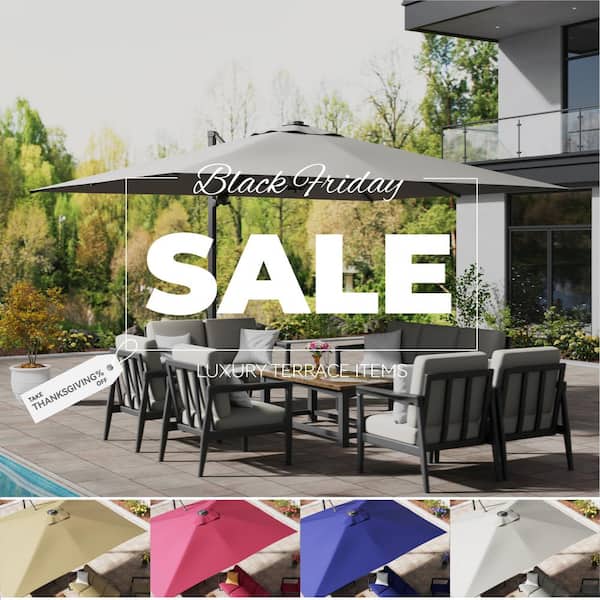 10 ft. x 13 ft. Aluminum Rectangular Cantilever Outdoor Patio Umbrella w/LED Lights 360-Degree Rotation in Gray w/Base