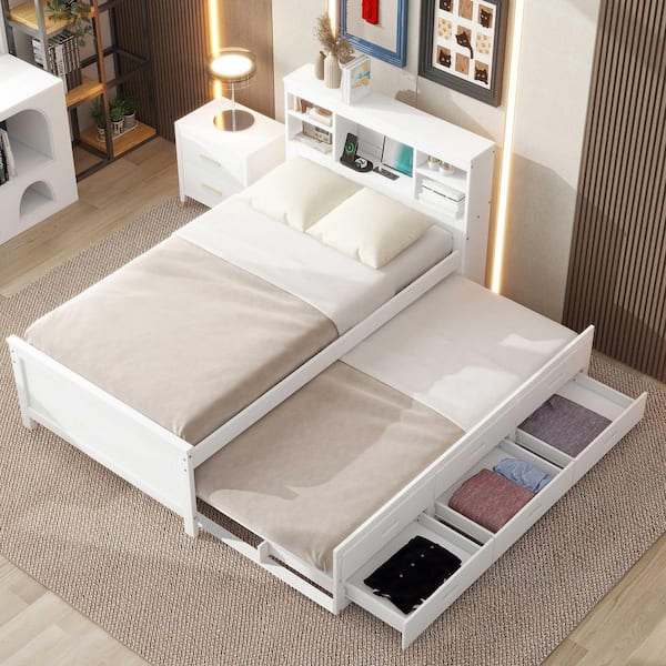 White Wood Frame Twin Platform Bed with Storage Headboard, USB, Trundle and 3 Drawers