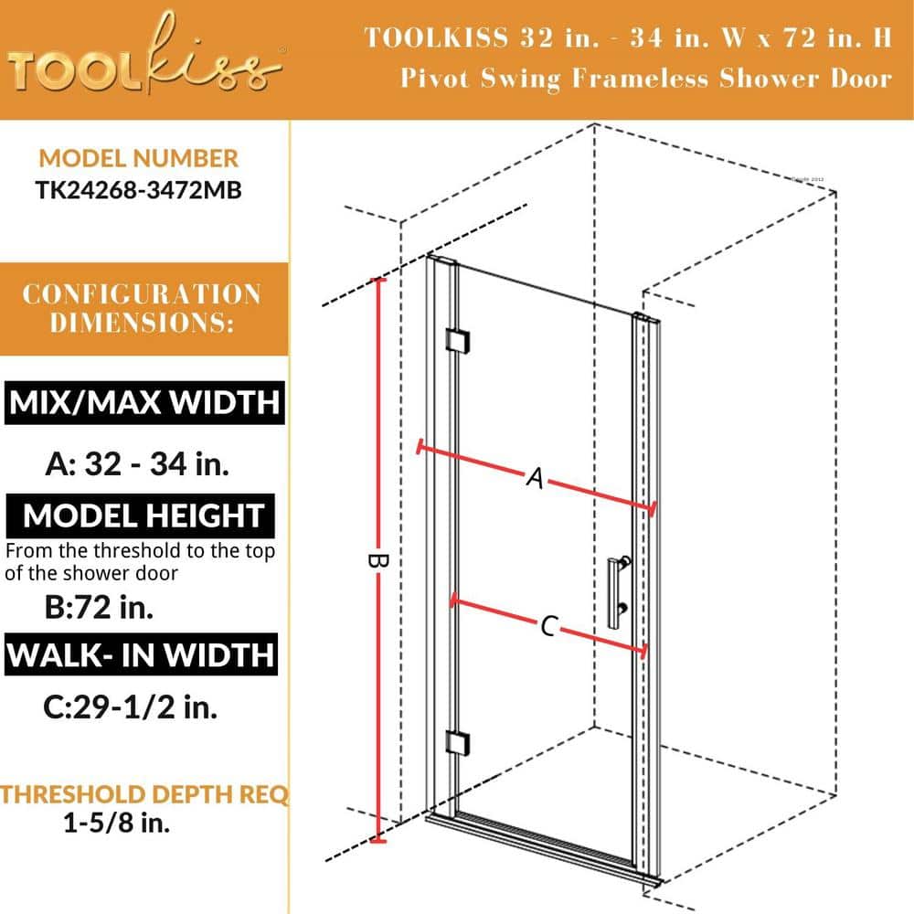 34'' W x 72'' H Frameless Clear Glass Pivot Shower Door in Matte Black Finish