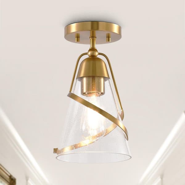 7 in. 1-Light Gold Semi-Flush Mount Ceiling Light with Shade