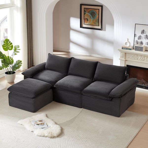 David 111.03 in. Corduroy Upholstery L-Shaped Sectional Sofa in. Dark Gray with Ottoman