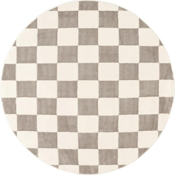 6 ft. Round Cream Zhuri Checkered Machine Washable Farmhouse Area Rug