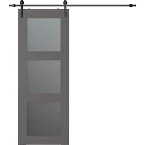 Vona 3-Lite 30 in. x 84 in. 3-Lite Frosted Glass Gray Matte Wood Composite Sliding Barn Door with Hardware Kit