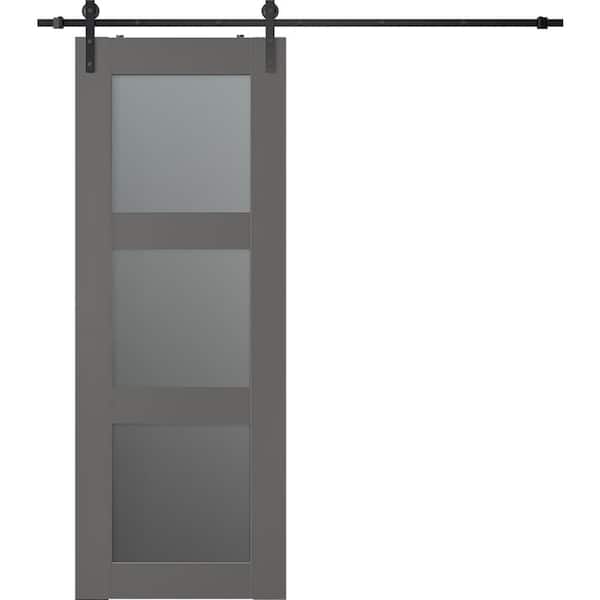 Belldinni Vona 3-Lite 32 in. x 80 in. 3-Lite Frosted Glass Gray Matte Wood Composite Sliding Barn Door with Hardware Kit