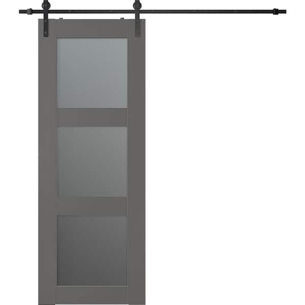 Belldinni Vona 3-Lite 28 in. x 96 in. 3-Lite Frosted Glass Gray Matte Wood Composite Sliding Barn Door with Hardware Kit