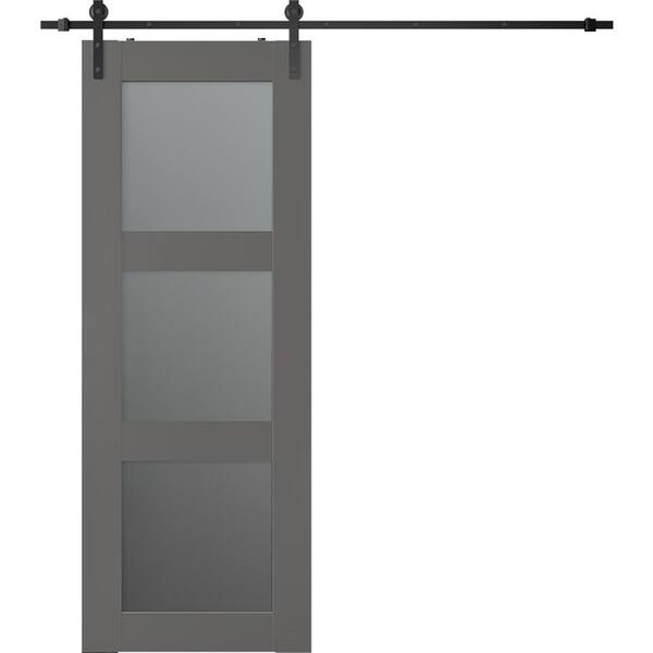 Belldinni Vona 3-Lite 36 in. x 80 in. 3-Lite Frosted Glass Gray Matte Wood Composite Sliding Barn Door with Hardware Kit