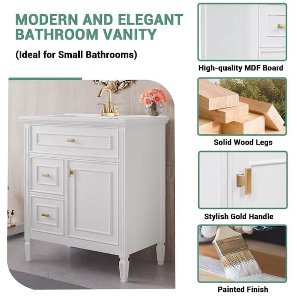 30 in. Single Sink White Bath Vanity with White Ceramic Top (Self Assembly Needed)