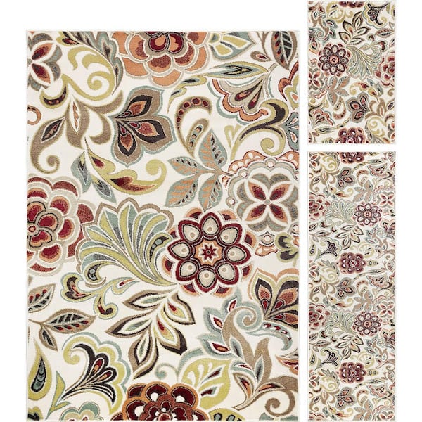 Tayse Rugs Deco Ivory 5 ft. x 7 ft. Abstract 3-Piece Rug Set