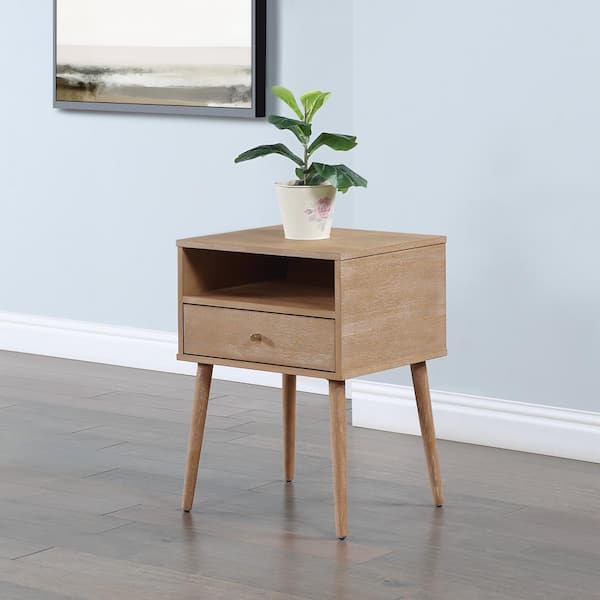 OSP Home Furnishings Rena Mid-Century Modern 18 in. 1-Drawer Square Wood End Table with Shelf in Ash Finish
