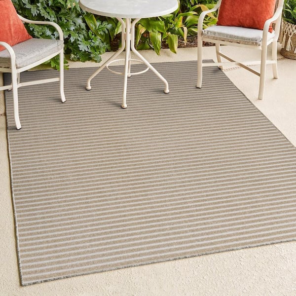 Aarhus High-Low Minimalist Scandi Striped Beige/Cream 8 ft. x 10 ft. Indoor/Outdoor Area Rug