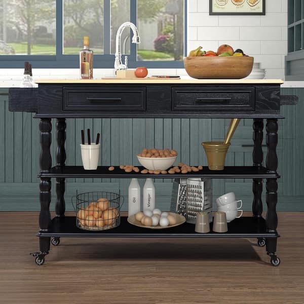 Staykiwi Black MDF Kitchen Cart with Solid OAK Wood Top, Wine and Spice Rack