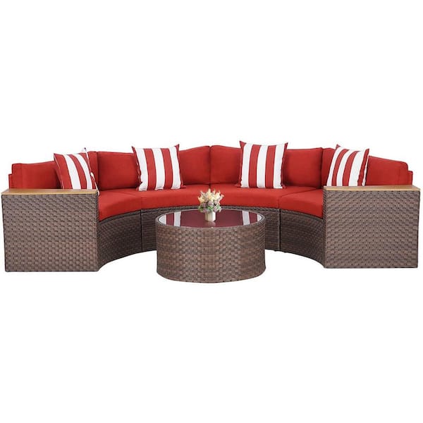 Suncrown Brown 5-Piece Wicker Outdoor Half-Moon Sectional Sofa Set with Red Cushions and Round Table