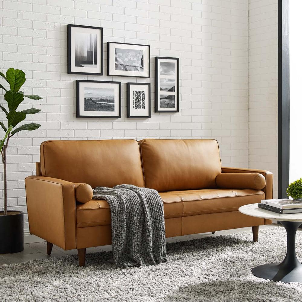 Mid-Century 73'' Tufted Brown Leather Sofa with Walnut Wood Legs