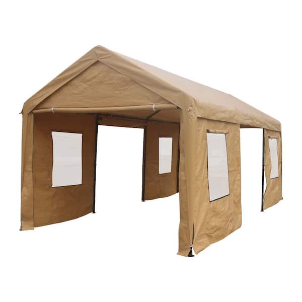 Zeus & Ruta 12 ft. x 20 ft. Pop Up Canopy Outdoor portable garage ventilated Tent with roll-up mesh windows and door in Sand
