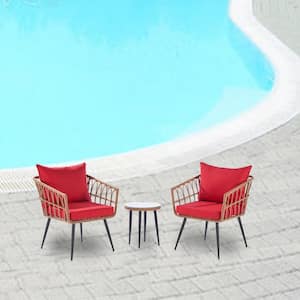 3-Piece PE Rattan Wicker Patio Conversation Set with Red Cushions