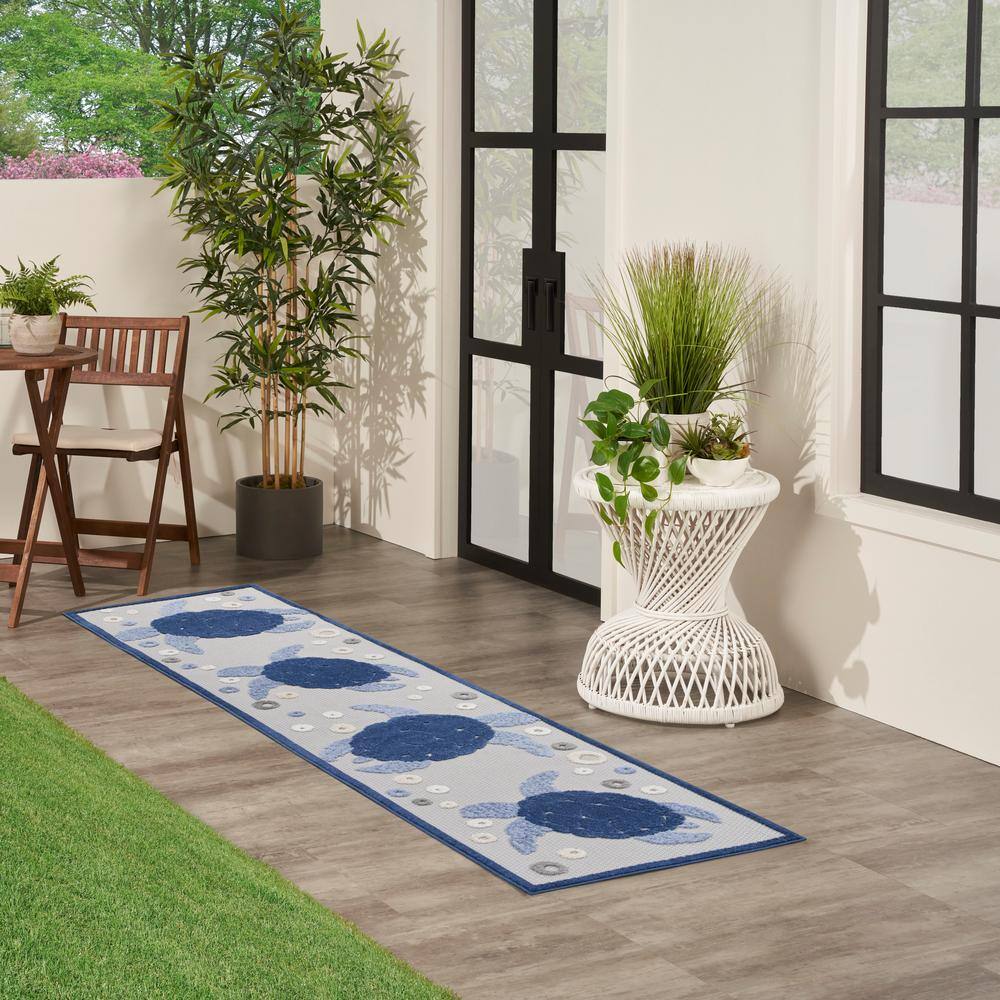 Navy Blue Synthetic Easy-Care Runner Rug 2'x6' with Sea Turtle Design
