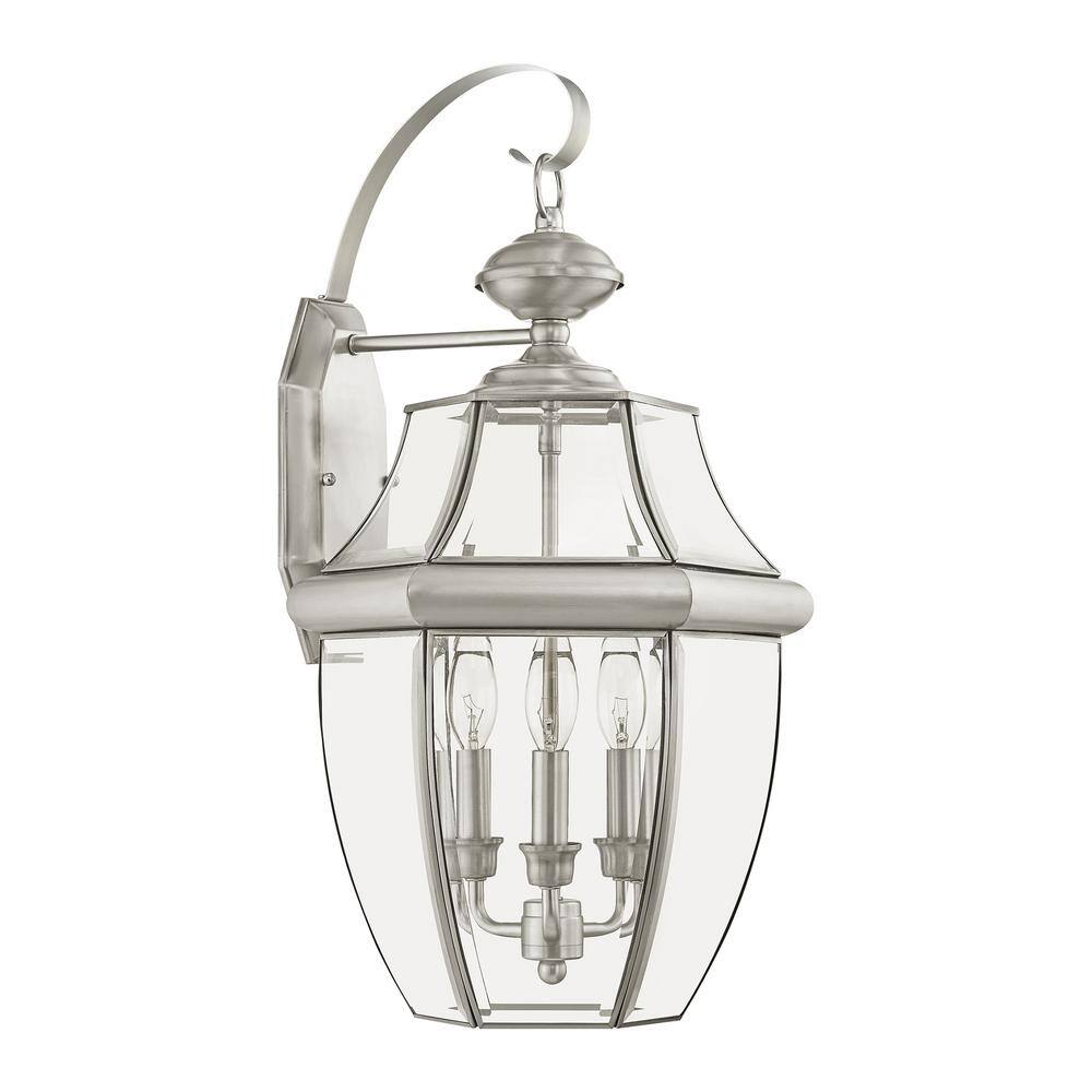Elegant Brushed Nickel 3-Light Outdoor Wall Lantern with Clear Beveled Glass