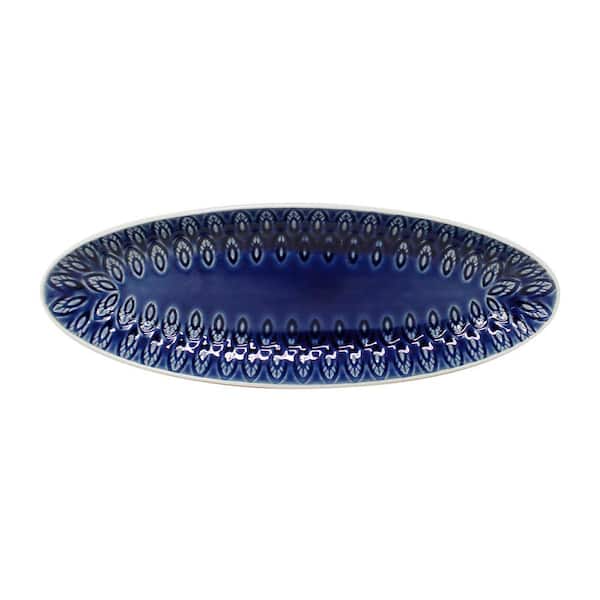 Euro Ceramica 13.5 in. Peacock Blue Crackle-Glaze Stoneware Oval Appetizer Platter