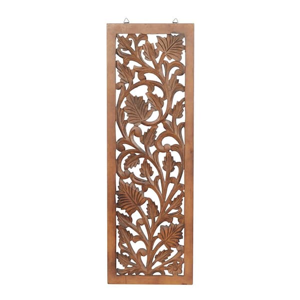 12 in. x 36 in. Wood Brown Handmade Intricately Carved Acanthus Floral Wall Decor