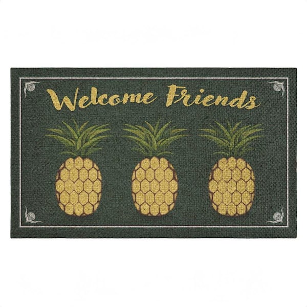 Welcome Friends Pineapples Green 18 in. x 30 in. Polyester Non-Slip Outdoor Door Mat