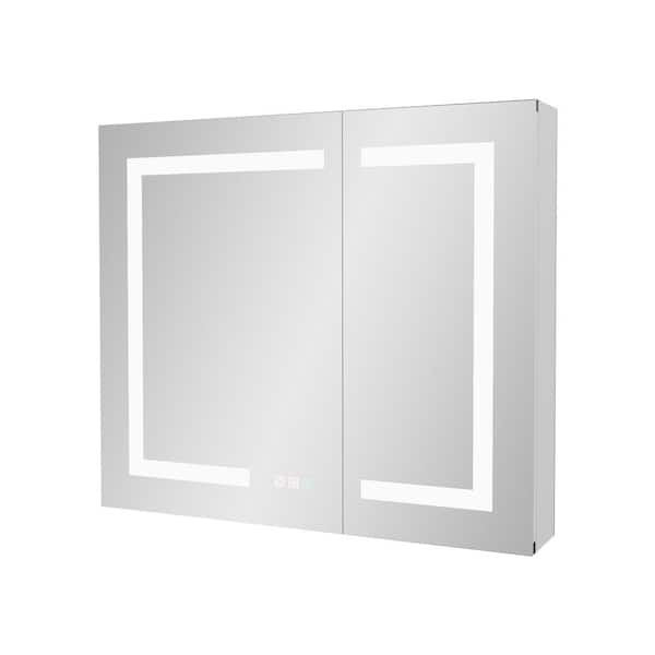 COWLOWN 30 in. W x 26 in. H Silver Rectangular Aluminum LED Medicine Cabinet with Mirror, Color Temper Change, 2 Outlets