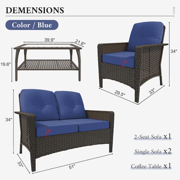 4-Piece Wicker Patio Conversation Set with Blue Cushions and Glass-Top Coffee Table