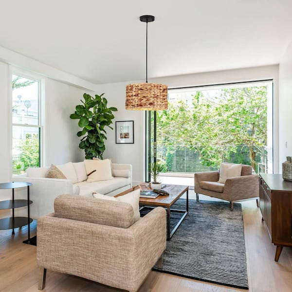 1-Light Black Hanging Pendant Light Chandelier with Rattan Cover for Kitchen Island