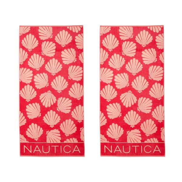 Seashell Seashore 2-Piece Seashore Fucshia/Bright Coral/Peach Pink Cotton Blend Beach Towel Set