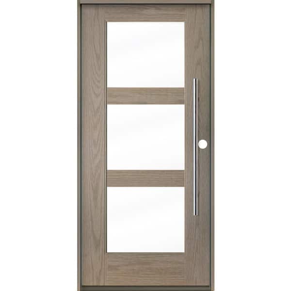 Krosswood Doors Modern Faux Pivot 36 in. x 80 in. 3-Lite Left-Hand/Inswing Clear Glass Oiled Leather Stain Fiberglass Prehung Front Door