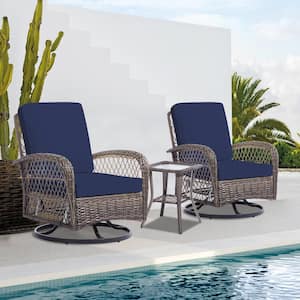 3-Piece Navy Wicker Patio Comfortable Conversation Set with Navy Cushions