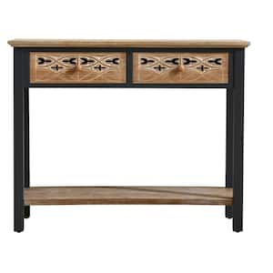 39 in. Natural and Deep Blue Rectangle Engineered Wood Console Table with Drawer and Shelf