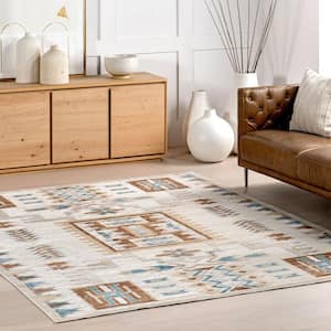 Clover Southwestern Machine Washable Beige 5 ft. x 8 ft. Transitional Area Rug