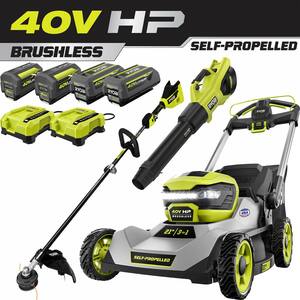 40V HP Brushless 21 in. Cordless Battery Walk Behind Self-Propelled Lawn Mower, Trimmer, Blower (4) Batteries & Charger