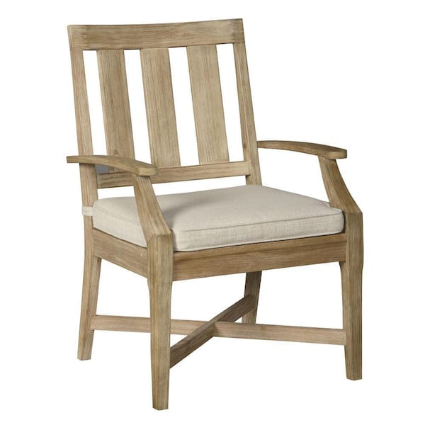 Benjara Beige Wooden Arm Chair with Slatted Back and Fabric Seat (Set of 2)