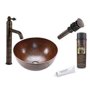 All-in-One Medium Round Vessel Hammered Copper Bathroom Sink in Oil Rubbed Bronze