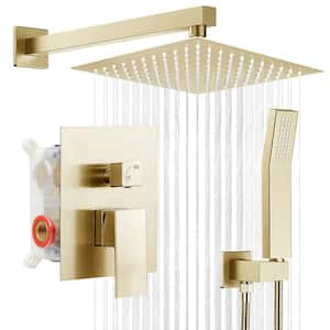 1 Spray Square High Pressure Wall Bar Shower Kits with Valve and Hand Shower Rainfall Shower in Brushed Gold