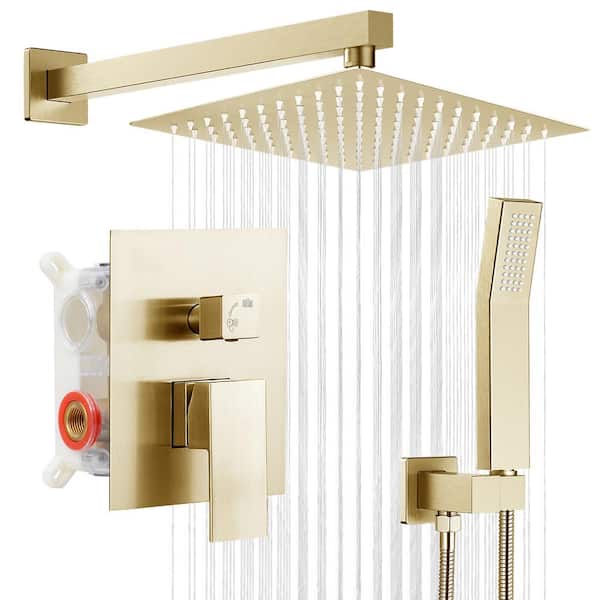 MTTCLE 1 Spray Square High Pressure Wall Bar Shower Kits with Valve and Hand Shower Rainfall Shower in Brushed Gold