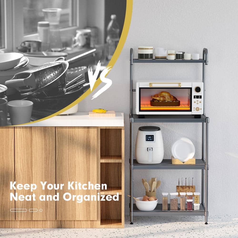 Adjustable 4-Tier Black Iron Microwave Oven Stand with Wire Shelves