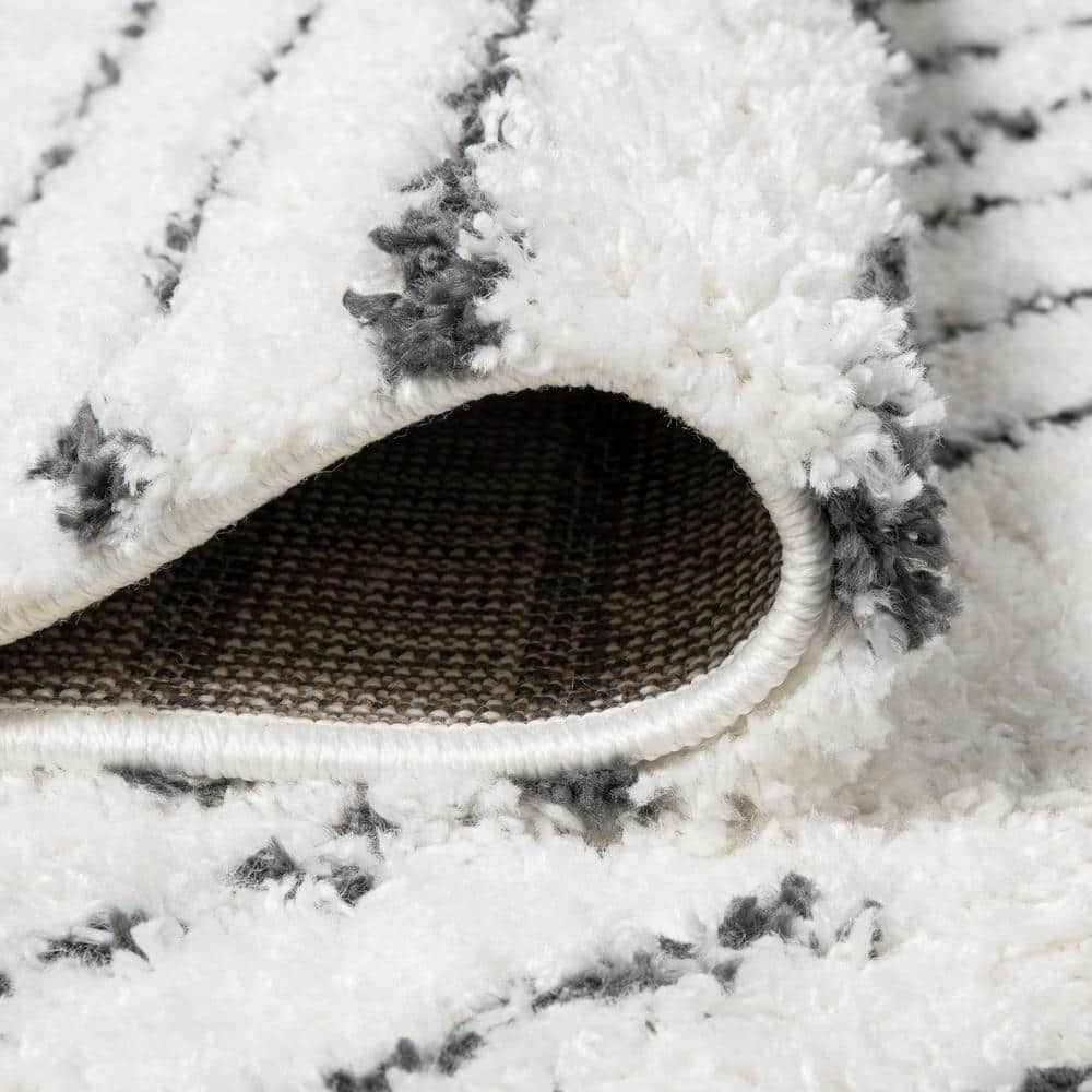 8' x 10' White and Black Stripe Shag Area Rug