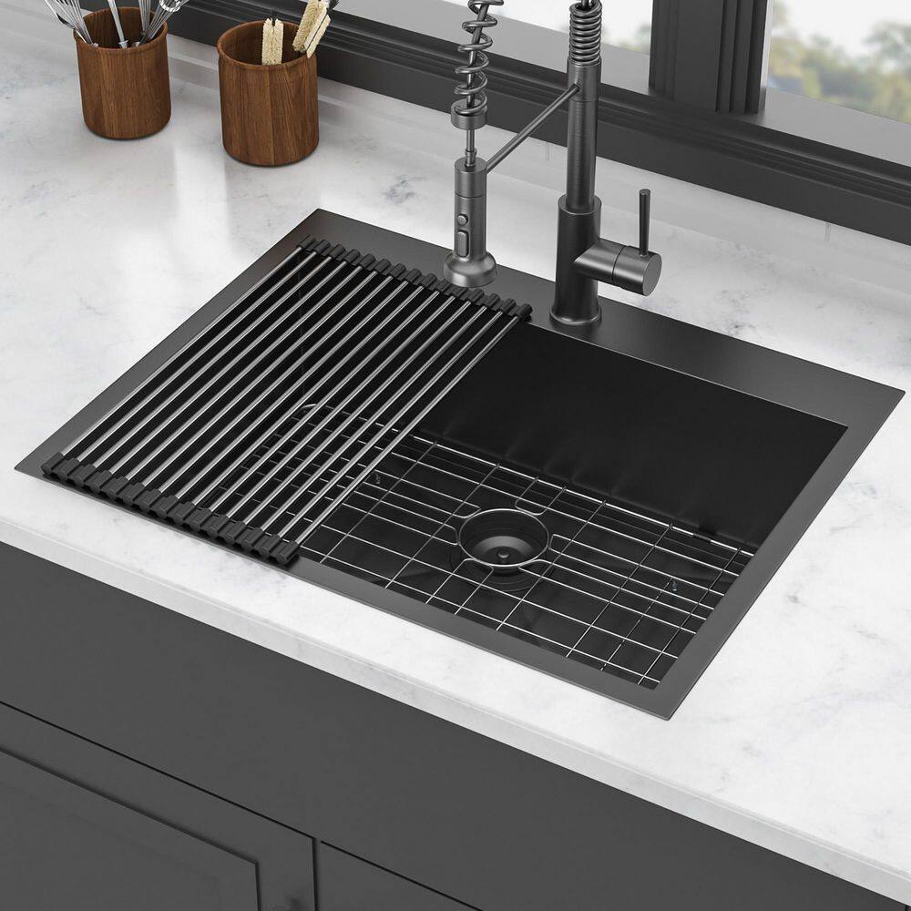 28 in. Drop-In Single Bowl 16 Gauge Gunmetal Black Stainless Steel Kitchen Sink with Bottom Grids price history on PriceWatchPro