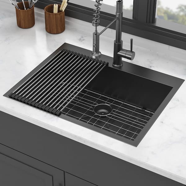 28 in. Drop-In Single Bowl 16 Gauge Gunmetal Black Stainless Steel Kitchen Sink with Bottom Grids