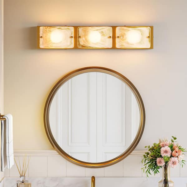 22.1 in. 3-Light Gold Integrated LED 3 CCT Dimmable Vanity Light with Textured Glass Shade for Bathroom, Bedroom