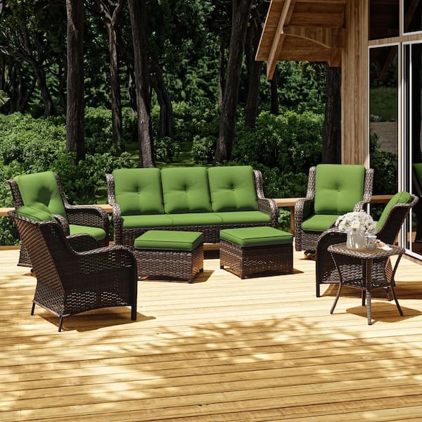 JOYSIDE 8-Piece Wicker Outdoor Patio Conversation Set with Green Cushions and Swivel Rocking Chairs