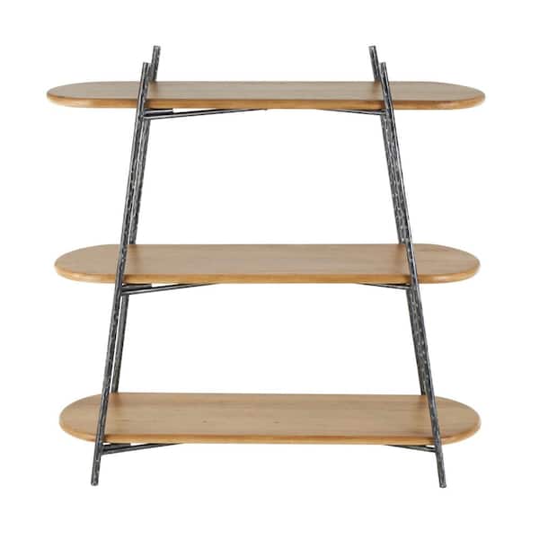 42 in. Tall Wood Stationary Brown Oval Shaped Shelving Unit Bookcase with Black Metal Frame
