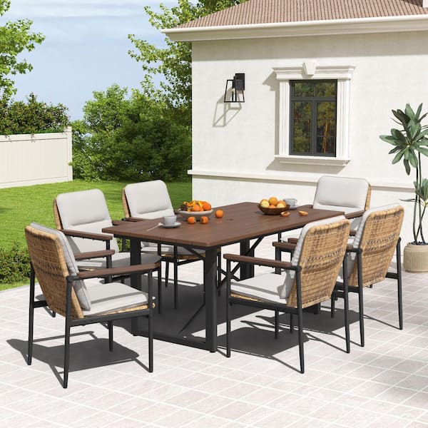 Grove Tranquil 7-Piece Aluminum Outdoor Dining Set with Wicker Chairs and Light Gray Cushions