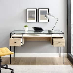 56 in. Rectangle Birch Wood and Metal Modern 2 Tier Glass Top Writing Desk with 2 Drawers